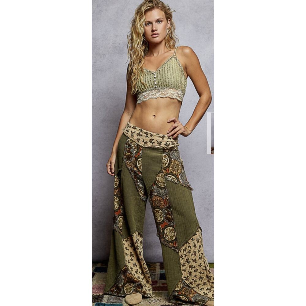 POL Double Gauze Patchwork Pants in Olive - Picture 4 of 6